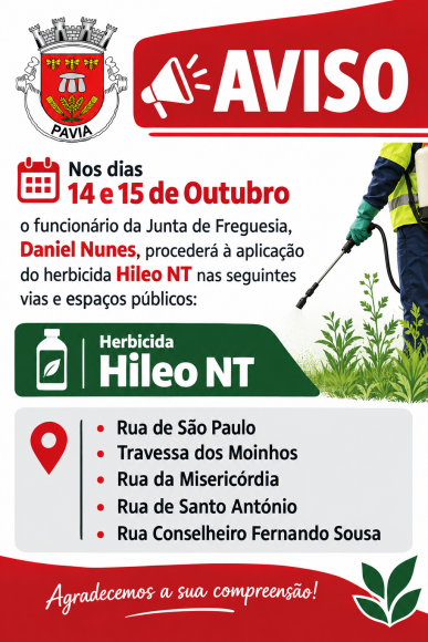 Aviso &agrave; Popula&ccedil;&atilde;o &mdash; Aplica&ccedil;&atilde;o de Herbicida nos Dias 14 e 15 de Outubro